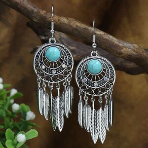 Bohemian Faux Turquoise Beaded Dream Catcher Feather Dangle Earrings Silver Tone